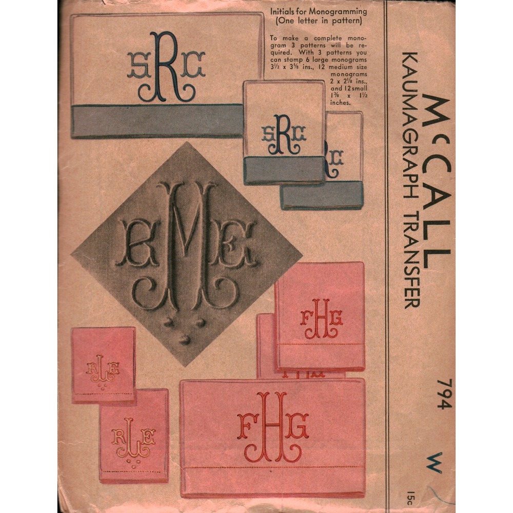 Vtg McCall 794 Kaumagraph Transfer Monogram Initials Embroidery Pattern Script